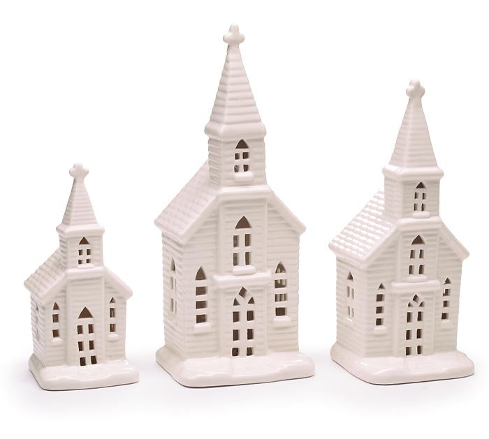 WHITE CERAMIC CHURCH ASTD WITH LIGHTS S/3