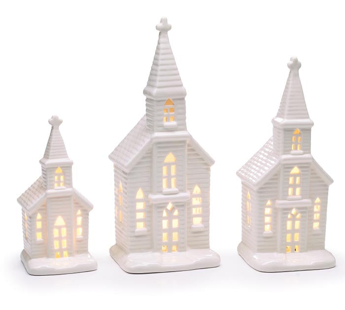 WHITE CERAMIC CHURCH ASTD WITH LIGHTS S/3