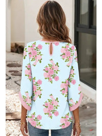 Floral Print Button Cuffed 3/4 Sleeve Round Neck Blouse