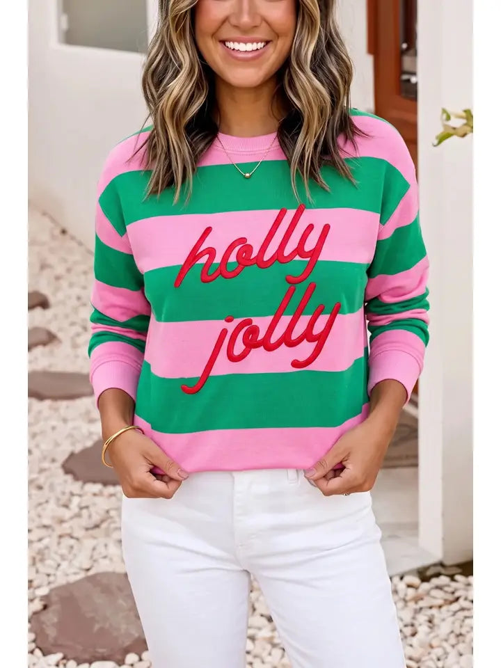 Holly Jolly Embroidered Stripe Pullover Sweatshirt