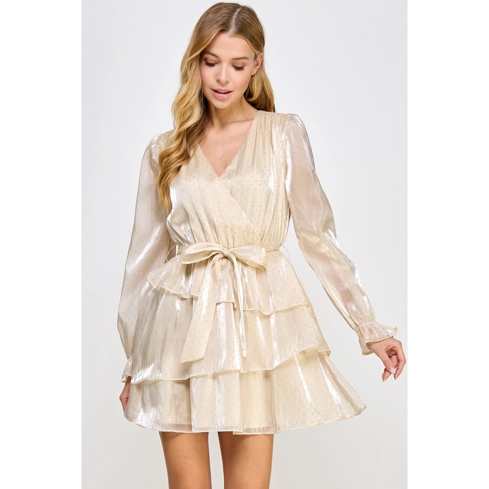 Studded Shimmer Organza Tiered Mini Dress