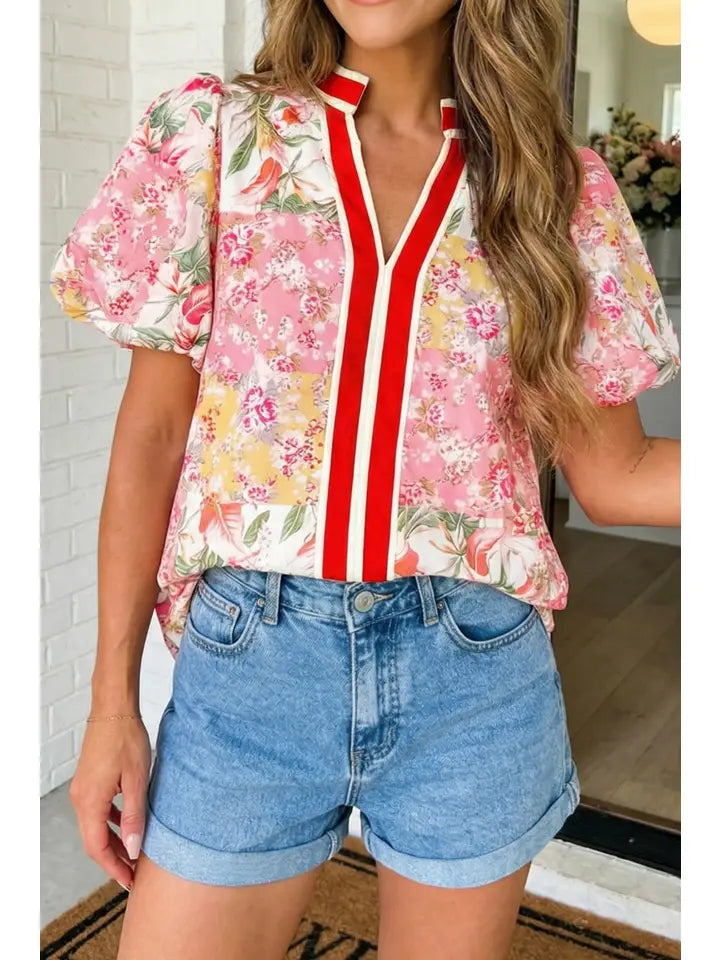 Las Contrast Collared V Neck Floral Blouse