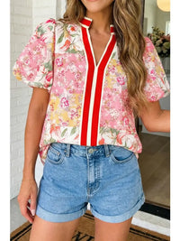 Las Contrast Collared V Neck Floral Blouse