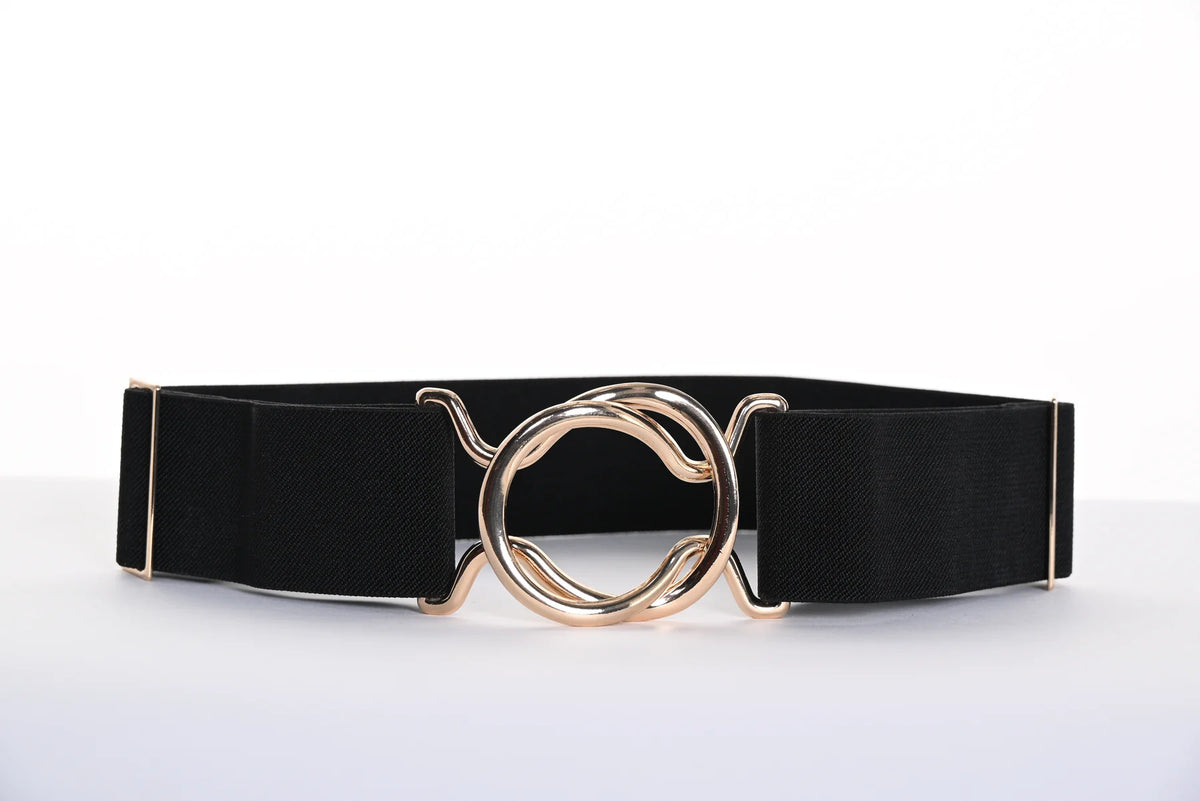 Black Leather Elastic Belt Trimmed Gold