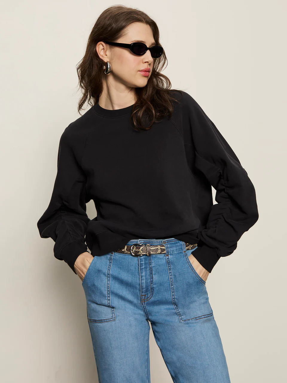 Shirred Sleeve Sweatshirt Black