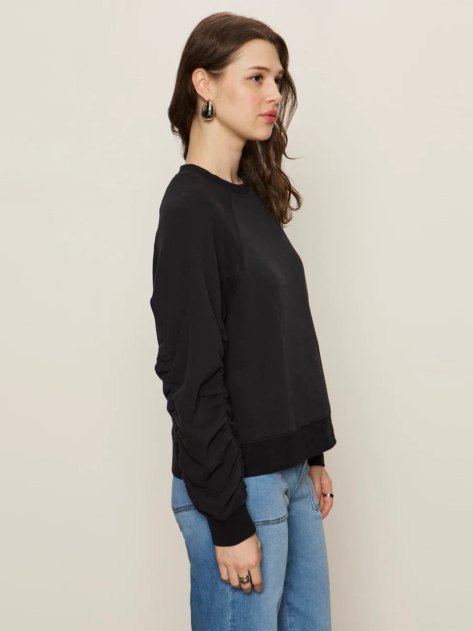 Shirred Sleeve Sweatshirt Black