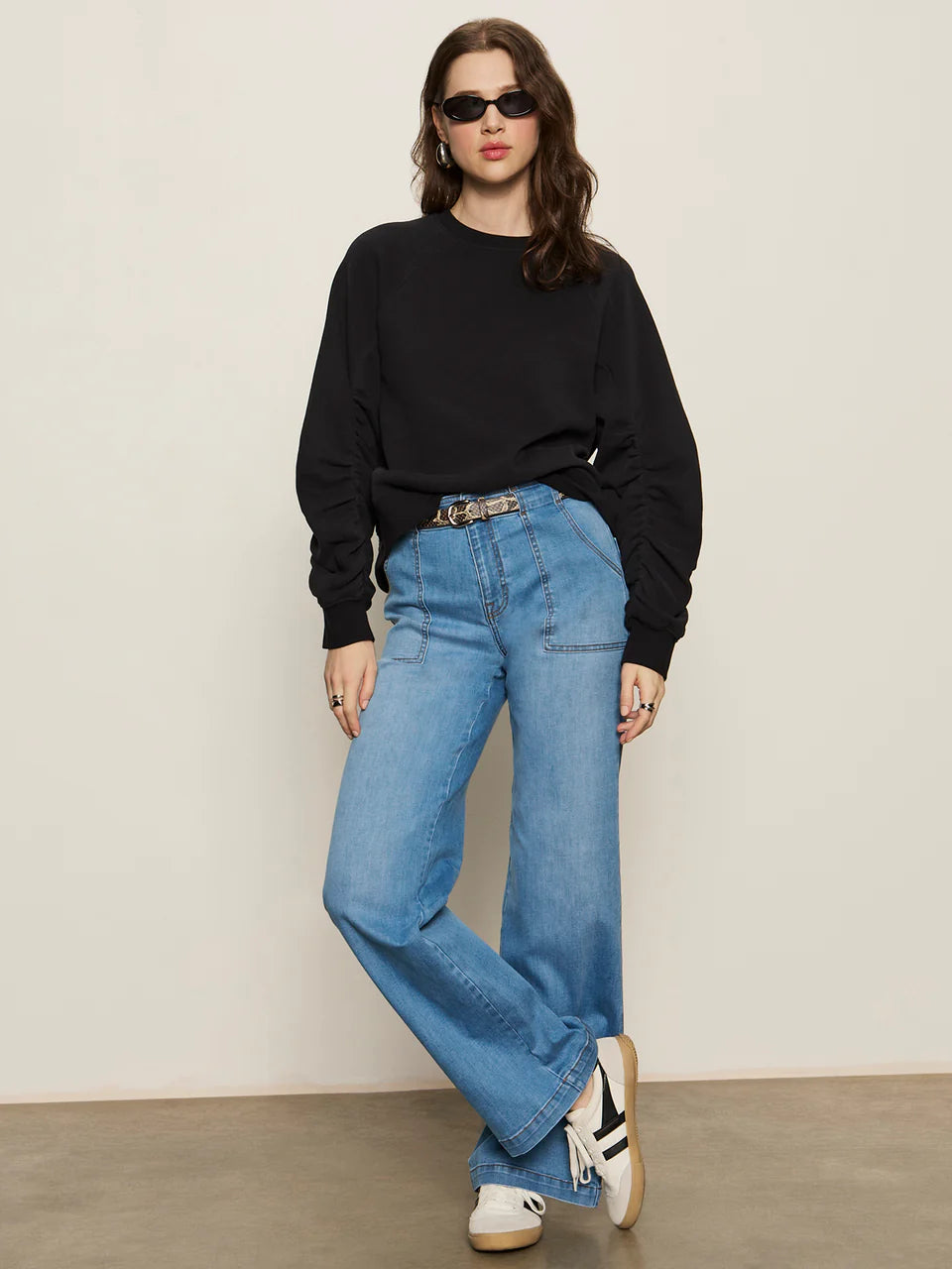 Shirred Sleeve Sweatshirt Black