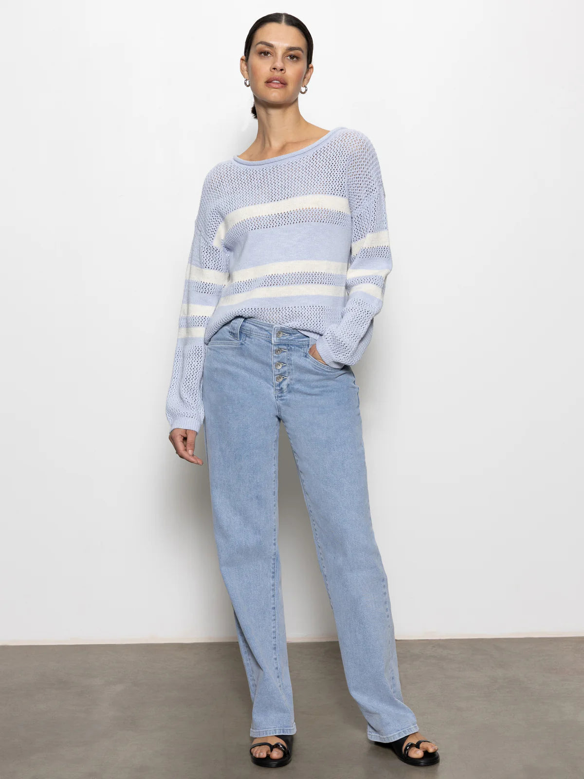 Sporty Stripe Open Knit Sweater Sky Blue with Chalk Stripe