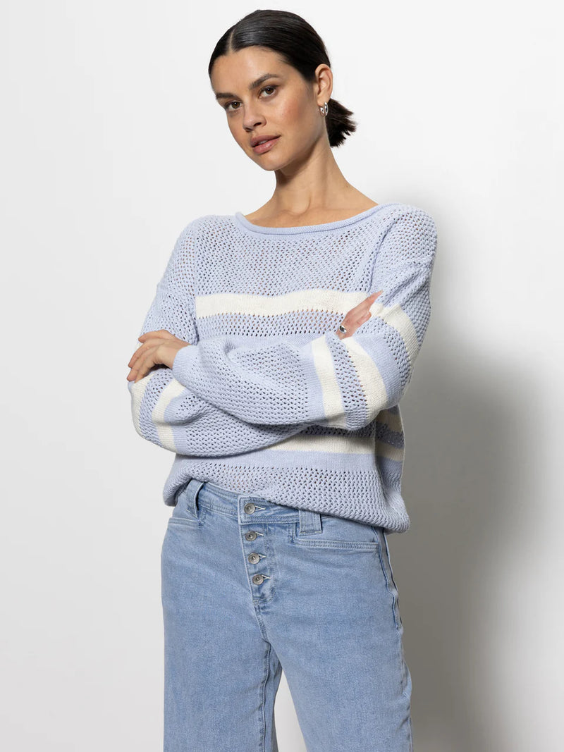 Sporty Stripe Open Knit Sweater Sky Blue with Chalk Stripe