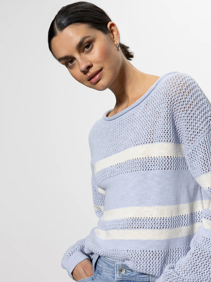 Sporty Stripe Open Knit Sweater Sky Blue with Chalk Stripe