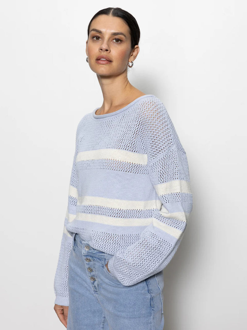 Sporty Stripe Open Knit Sweater Sky Blue with Chalk Stripe