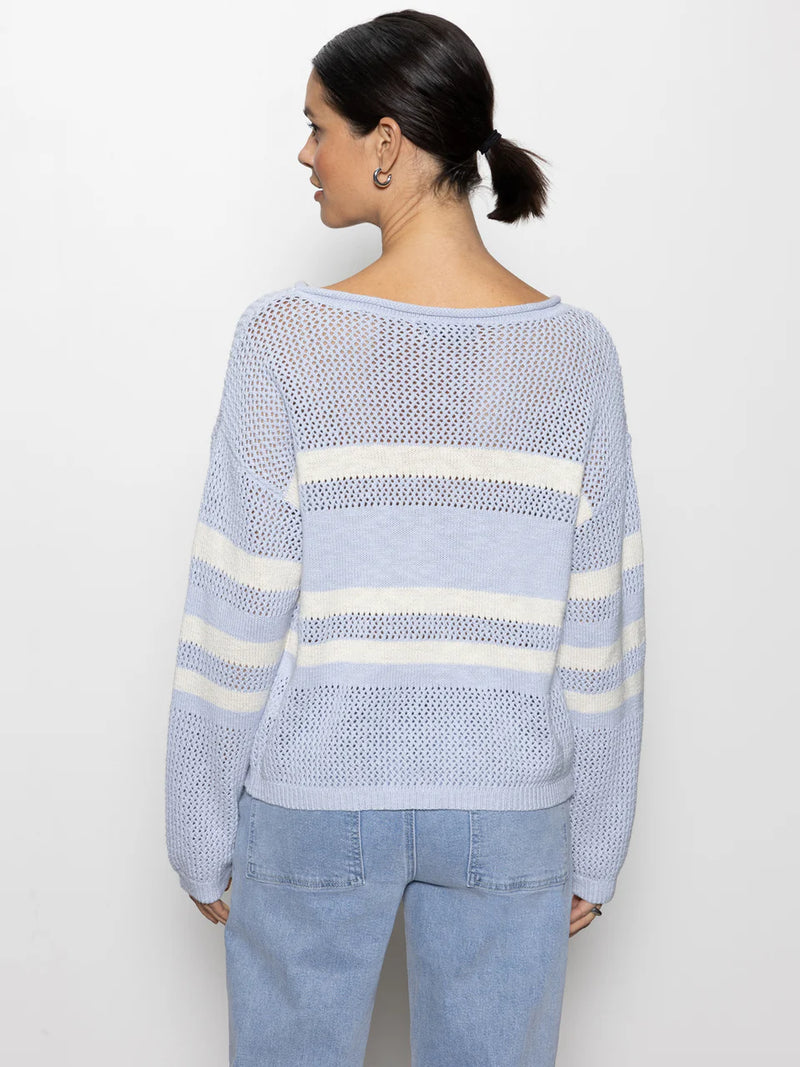 Sporty Stripe Open Knit Sweater Sky Blue with Chalk Stripe