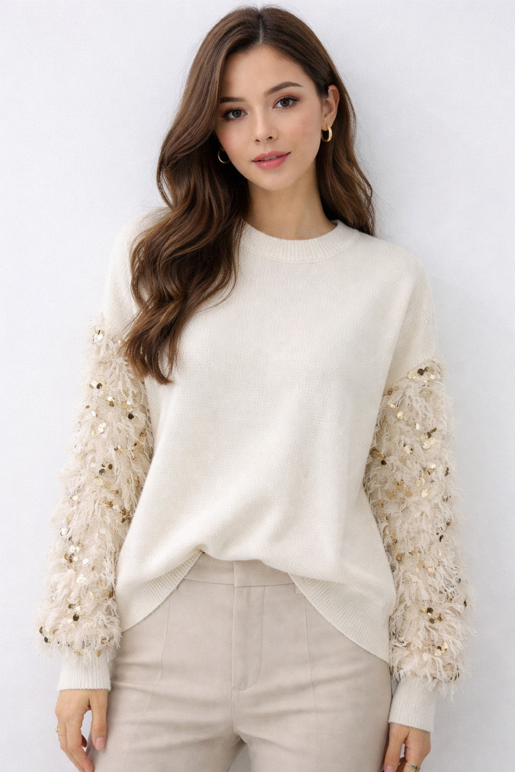 CONTRAST SEQUIN EMBELLISHED FAUX FEATHER SLEEVE CREW NECK SWEATER