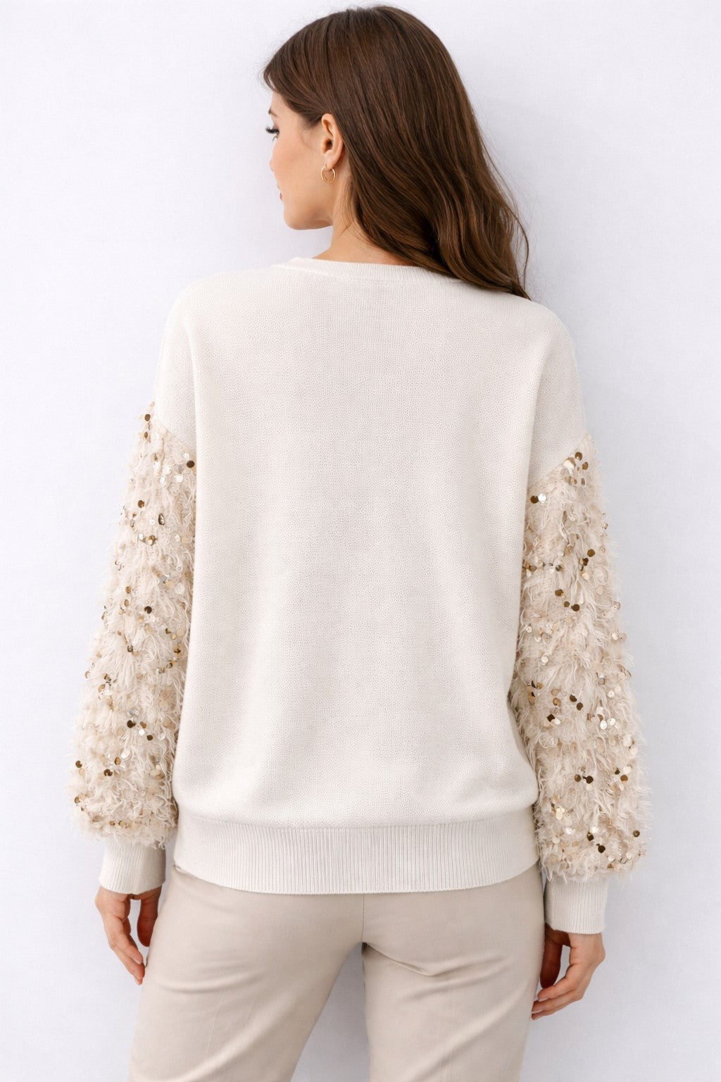 CONTRAST SEQUIN EMBELLISHED FAUX FEATHER SLEEVE CREW NECK SWEATER