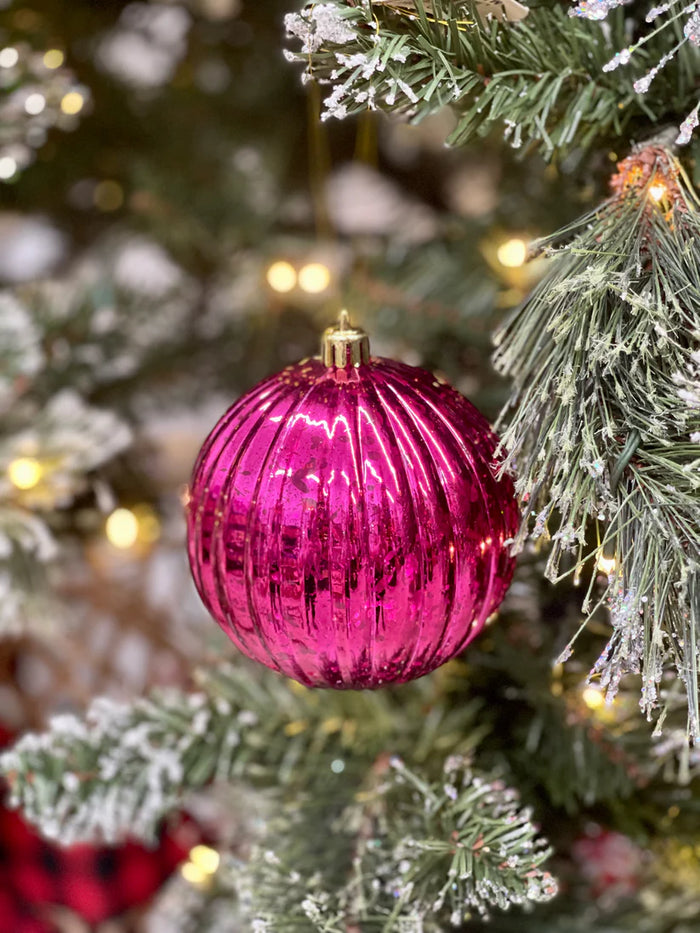 4 Inch Shiny Fuchsia Vertical Stripe Ornament Ball