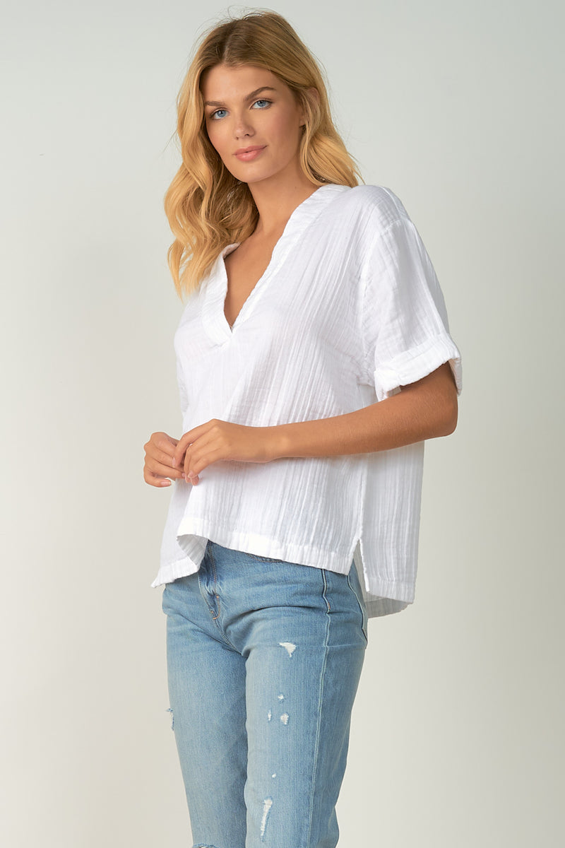 White V-Neck Short Sleeve Top