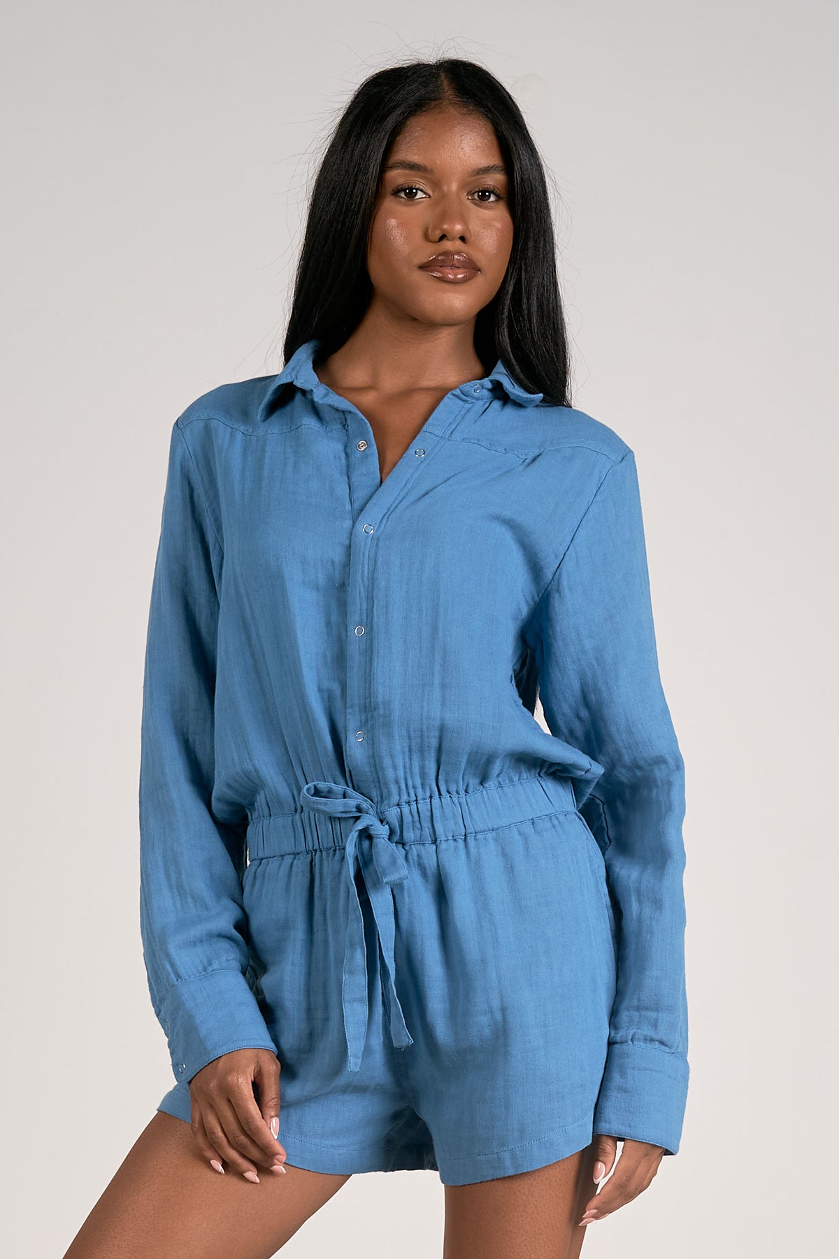 ROMPER L/S BUTTON DOWN TIE WAIST