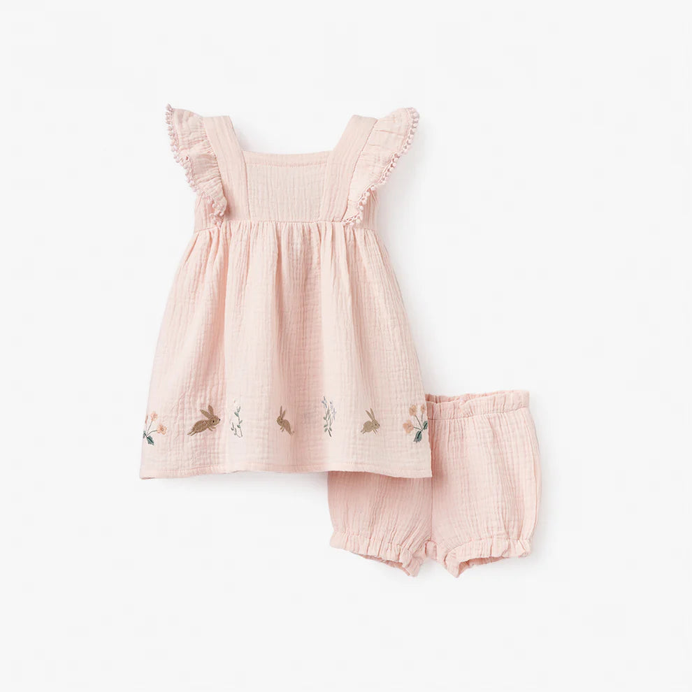 BLUSH PINK GARDEN PICNIC EMBROIDERED ORGANIC MUSLIN DRESS W/ BLOOMER