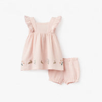 BLUSH PINK GARDEN PICNIC EMBROIDERED ORGANIC MUSLIN DRESS W/ BLOOMER