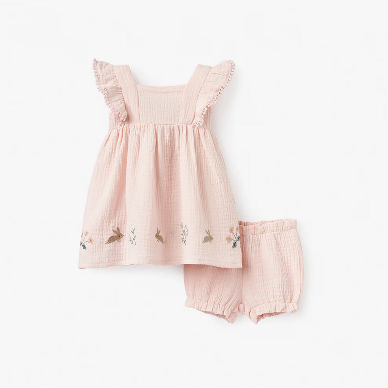 BLUSH PINK GARDEN PICNIC EMBROIDERED ORGANIC MUSLIN DRESS W/ BLOOMER