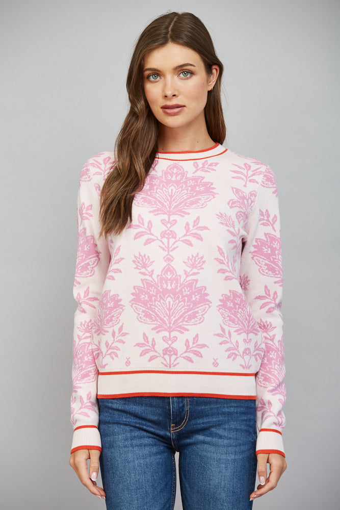 FLORAL DAMASK PATTERN KNITING CREW NECKLINE SWEATER