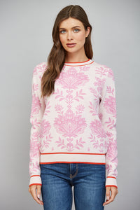 FLORAL DAMASK PATTERN KNITING CREW NECKLINE SWEATER