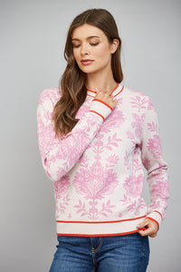 FLORAL DAMASK PATTERN KNITING CREW NECKLINE SWEATER