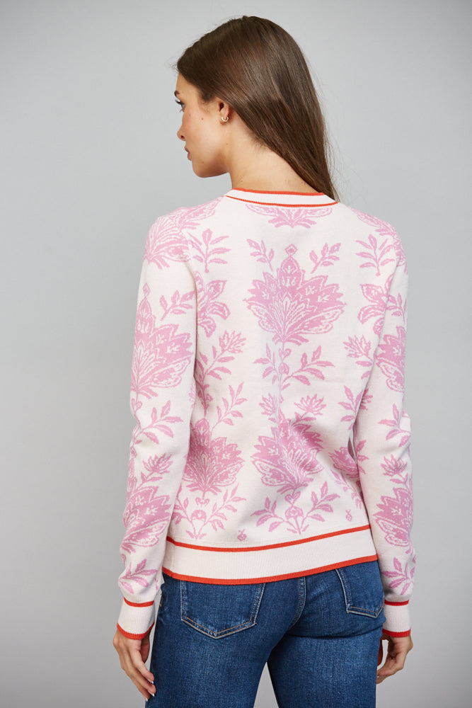 FLORAL DAMASK PATTERN KNITING CREW NECKLINE SWEATER