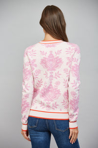 FLORAL DAMASK PATTERN KNITING CREW NECKLINE SWEATER