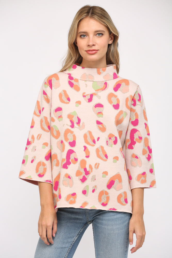 ANIMAL PATTERN MOCK NECK BELL SLV SWEATER