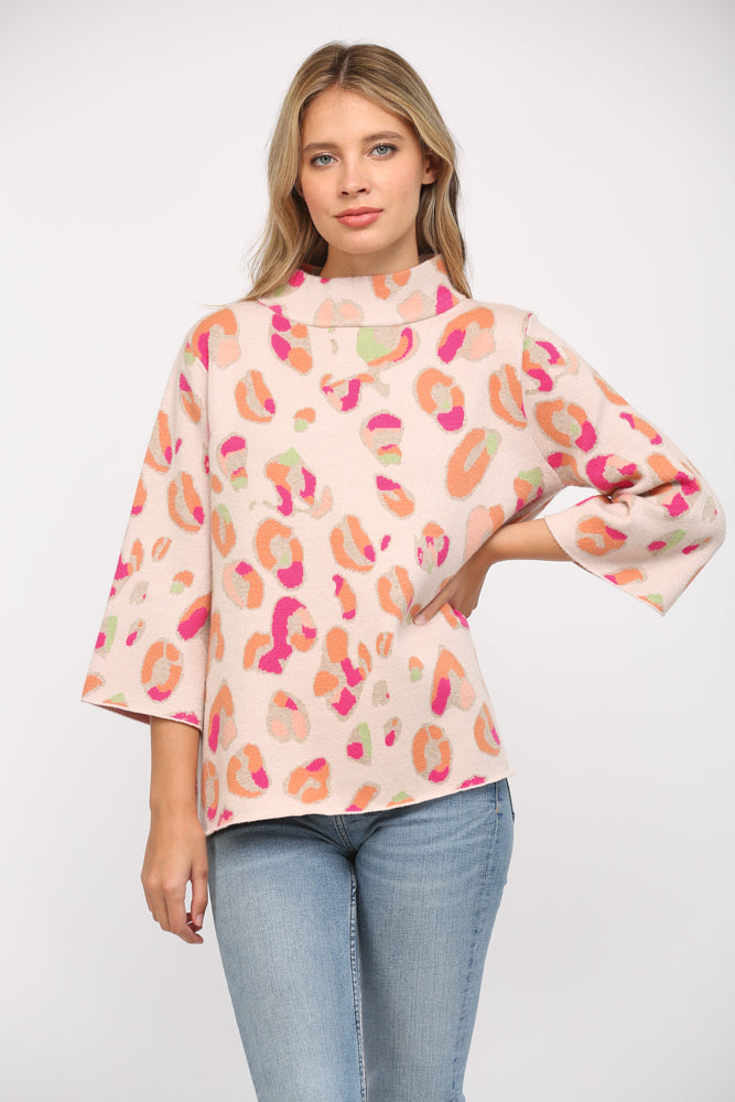 ANIMAL PATTERN MOCK NECK BELL SLV SWEATER