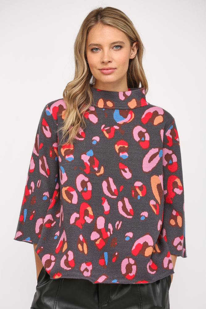 ANIMAL PATTERN MOCK NECK BELL SLV SWEATER