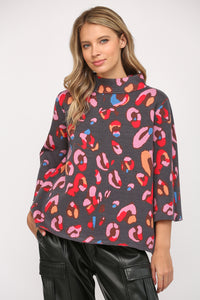 ANIMAL PATTERN MOCK NECK BELL SLV SWEATER