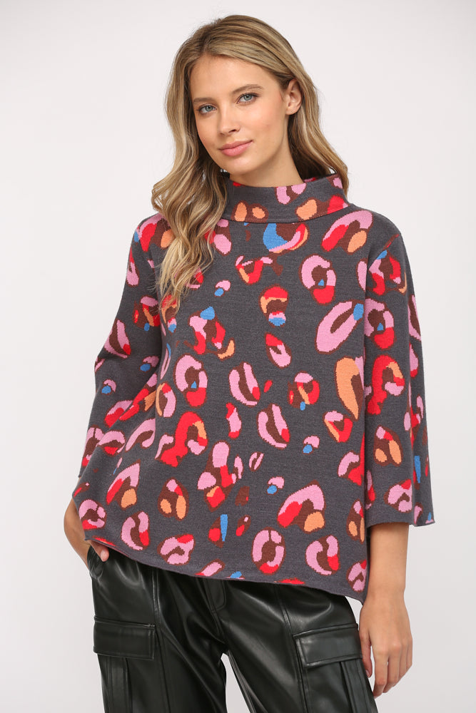 ANIMAL PATTERN MOCK NECK BELL SLV SWEATER