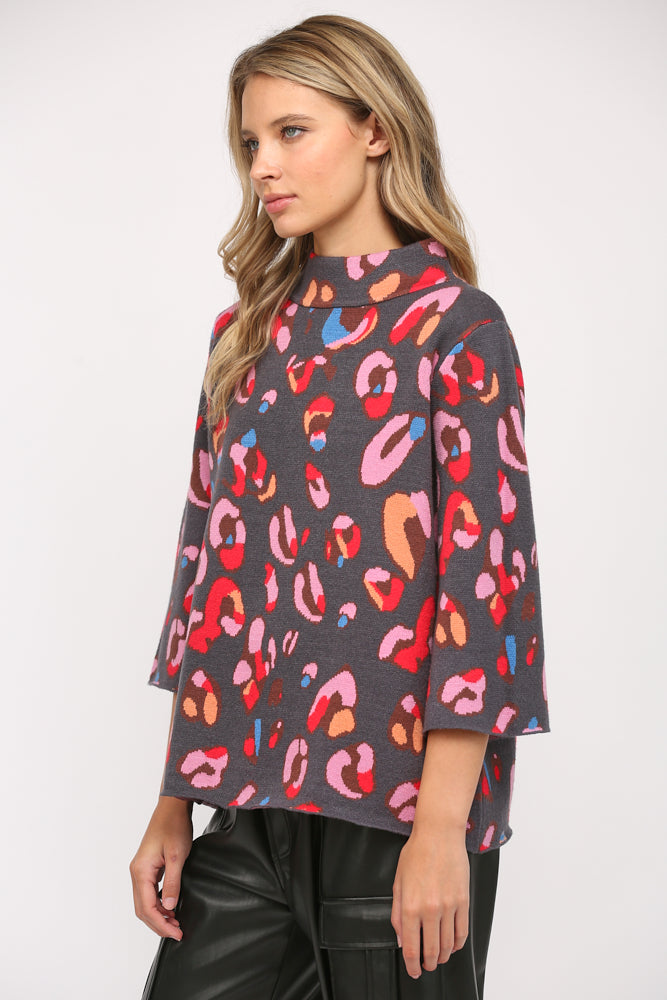 ANIMAL PATTERN MOCK NECK BELL SLV SWEATER