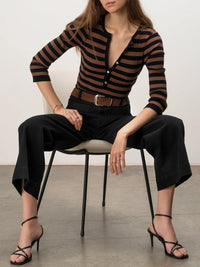 Selena Henley Top Black / Cocoa Powder Stripe
