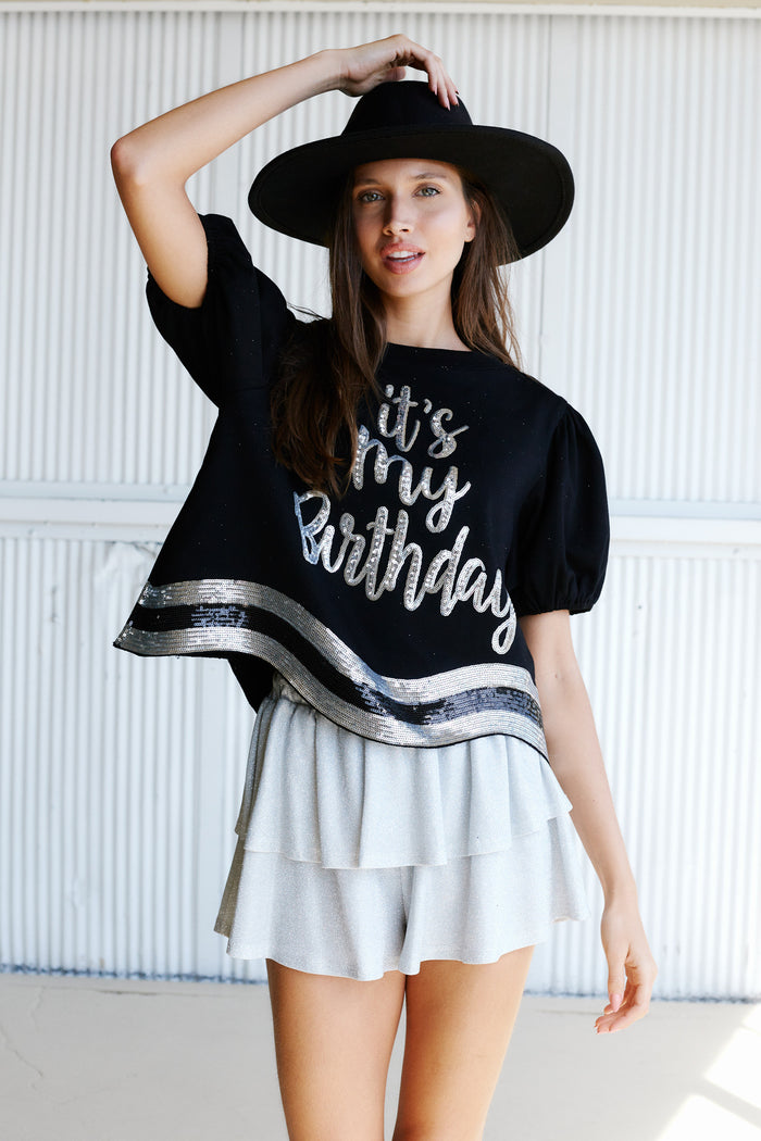 Birthday Girl Puff Sleeve Sequin Top