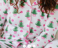 Mary Square Fancy and Festive Christmas Tree Green and Pink Rayon Holiday Pajama Pant Set