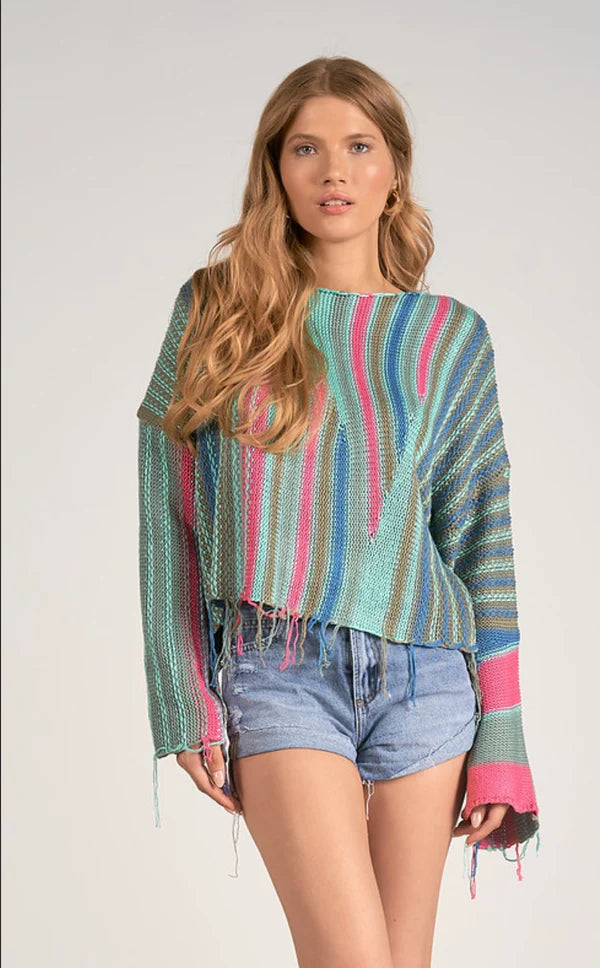 Elan Turquoise Multi Crew Neck Distressed Hem Sweater