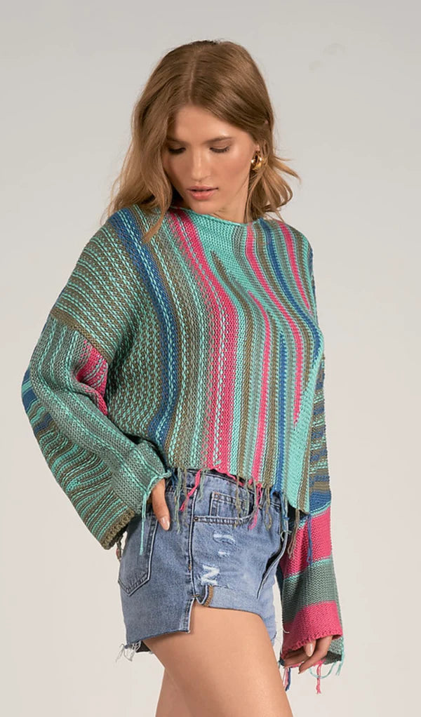 Elan Turquoise Multi Crew Neck Distressed Hem Sweater