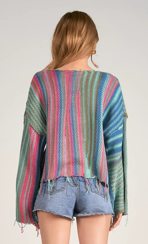 Elan Turquoise Multi Crew Neck Distressed Hem Sweater