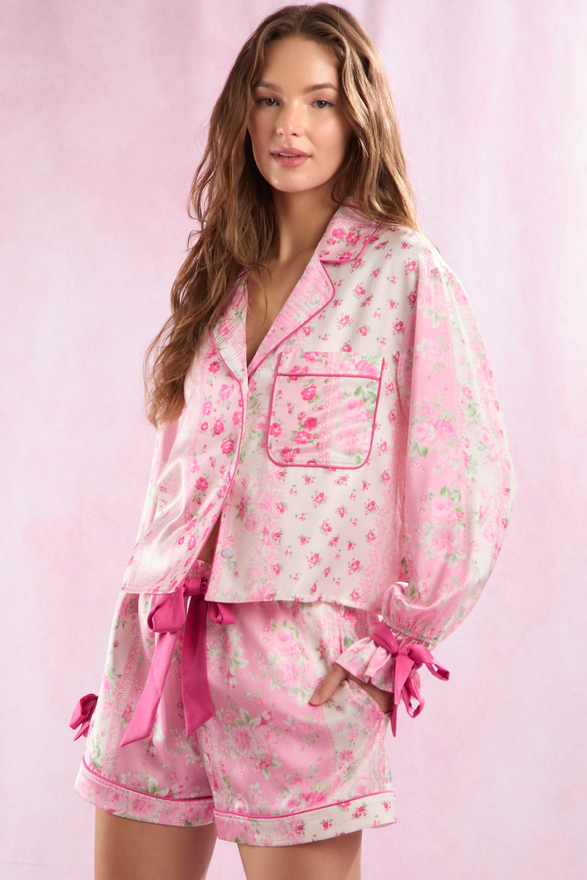 Floral Printed Satin Tied Shirt & Shorts Pajamas