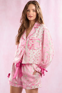 Floral Printed Satin Tied Shirt & Shorts Pajamas