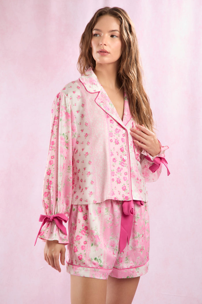Floral Printed Satin Tied Shirt & Shorts Pajamas