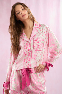 Floral Printed Satin Tied Shirt & Shorts Pajamas
