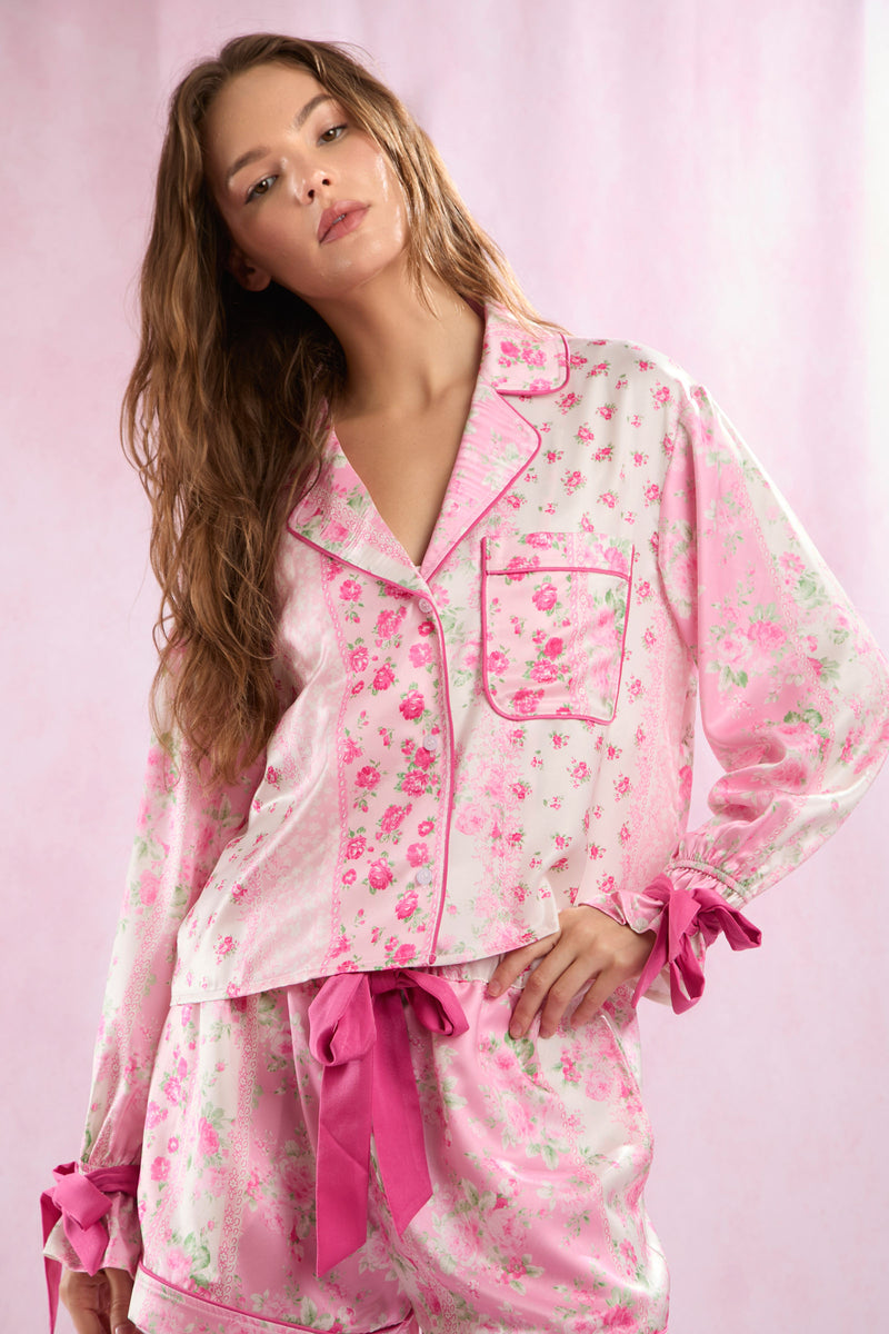 Floral Printed Satin Tied Shirt & Shorts Pajamas