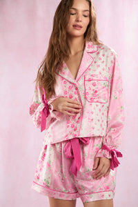 Floral Printed Satin Tied Shirt & Shorts Pajamas
