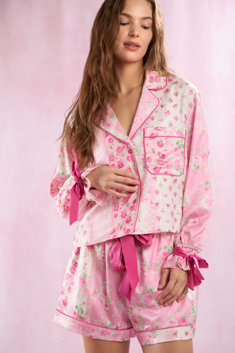 Floral Printed Satin Tied Shirt & Shorts Pajamas