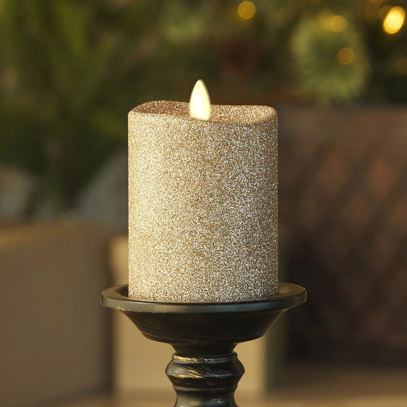 3 x 4.5 Inch Champagne Glittered Wax Indoor Pillar Luminara