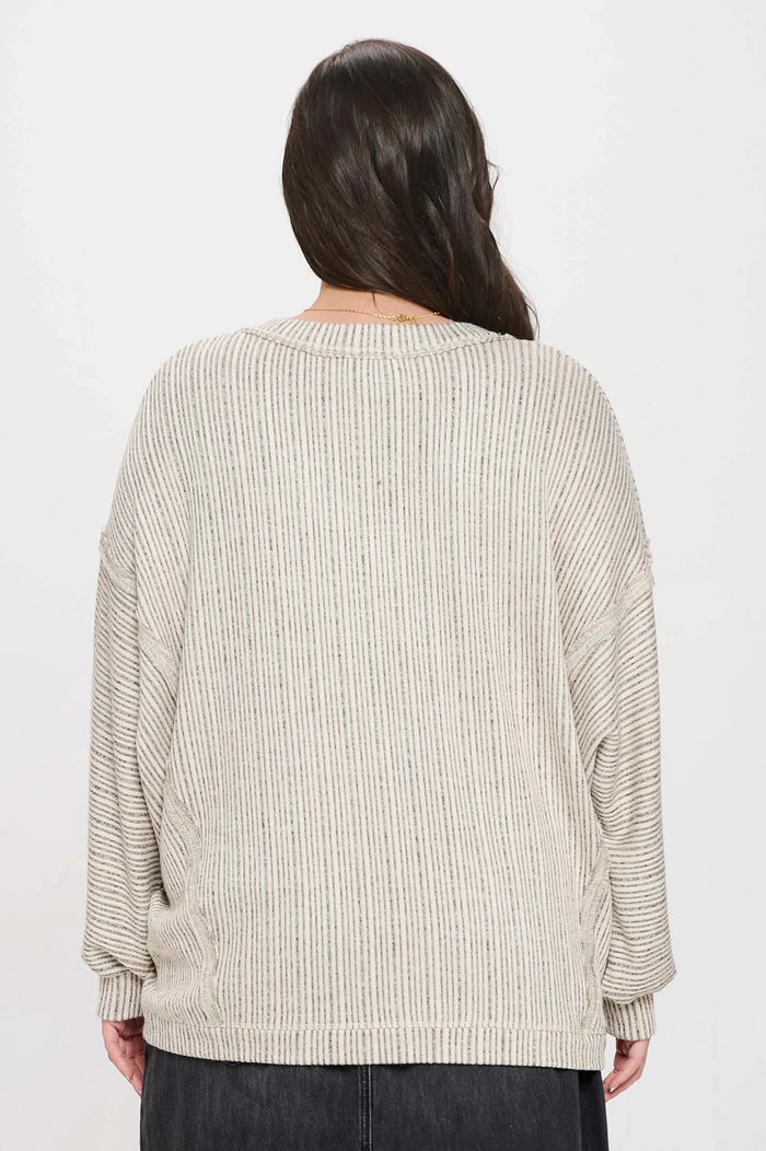 PLUS STRIPED DROP SHOULDER V NECK KNIT TOP